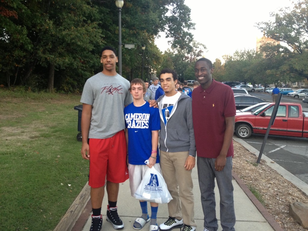 Theo Pinson, at the right, poses for photo with Jahlil Okafor, left, and Tyus Jones, next to Pinson, at Duke's Countdown to Craziness in October. (Photo credit: Brady Buck/The Chronicle)