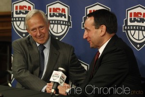 President Brodhead and Coach Krzyzewski shake hands during Thursday's press conference. (Photo by Elysia Su/The Chronicle)
