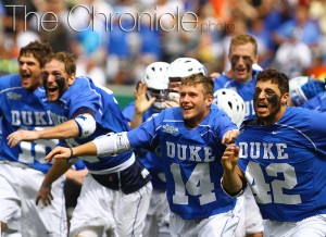Duke celebrates after winning its second national championship (Photo by Julia May/The Chronicle)