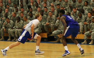 Alex Murphy and Amile Jefferson run drills at Fort Bragg in October 2012. (Chronicle File Photo)